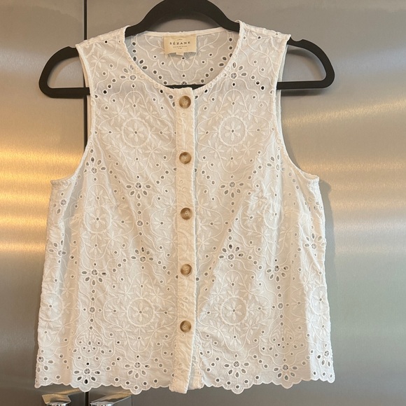 Sezane Roni Blouse Size 40 White Eyelet Tank with Buttons - Picture 4 of 8